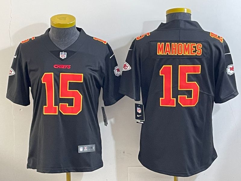 Women Kansas City Chiefs #15 Mahomes Black Gold 2024 Nike Limited NFL Jersey style 1